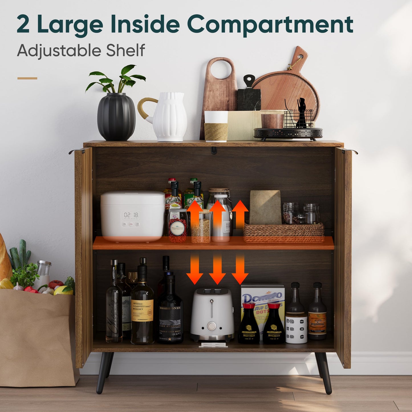 Semiocthome Walnut Buffet Cabinet with Storage, Sideboard Cabinet with Fluted Doors and Metal Legs, Storage Cabinet with Adjustable Shelf, Accent Table for Living Room, Dining Room, Kitchen, Entryway