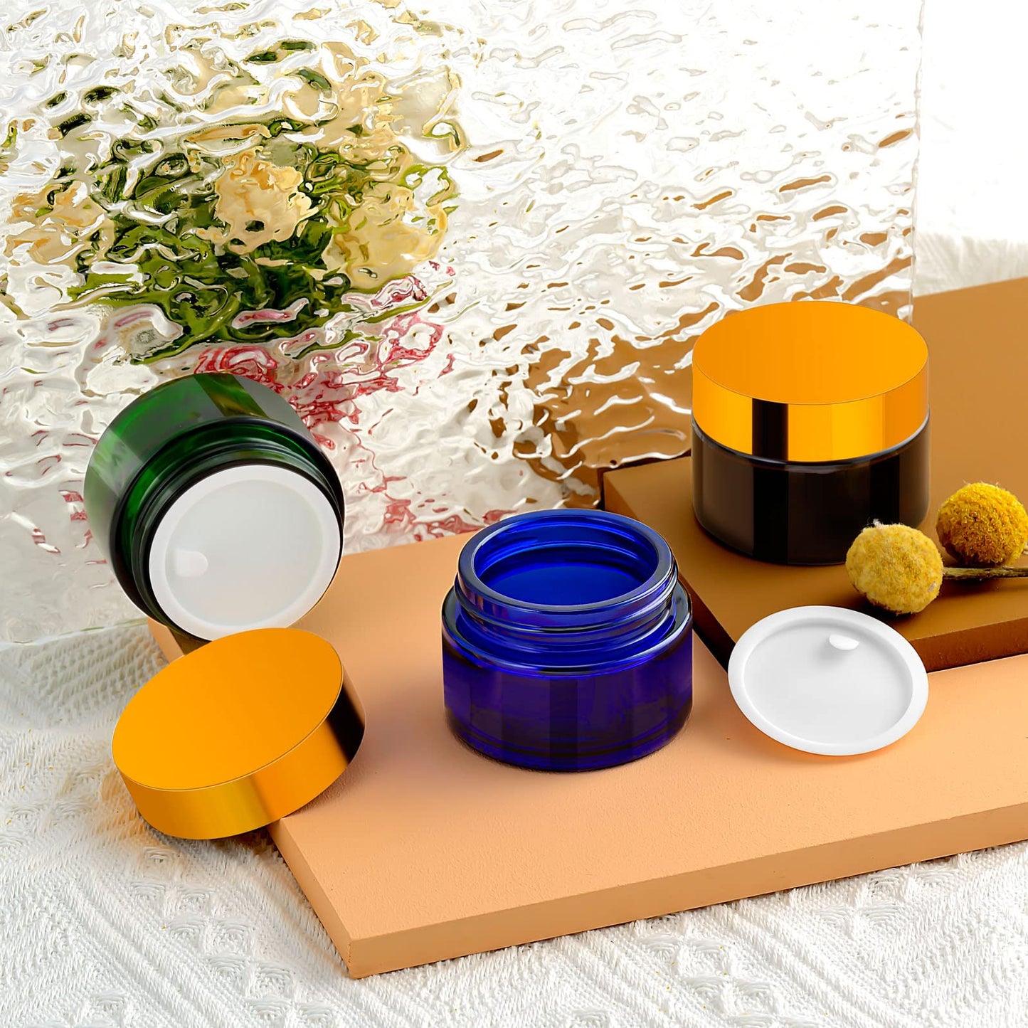 IRON BILL 1 Oz Amber Round Glass Jars with Inner Liners and Gold Lids(24PCS) Empty Cream Containers Refillable Cosmetic Vials for Cosmetics, Lotions, Ointment, Body Scrubs & Balms