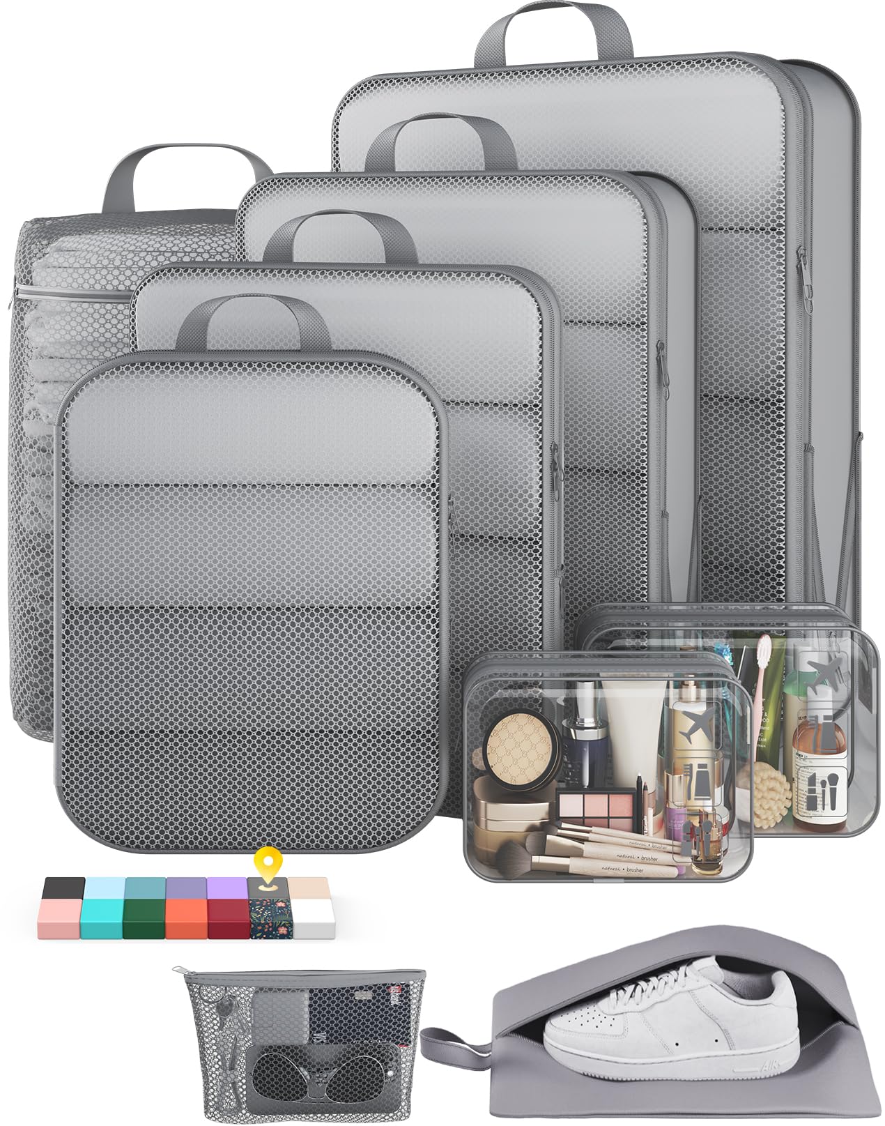 Veken 9/11 Set Compression Packing Cubes for Travel Essentials,Compressible Expandable Large Luggage Suitcase Organizer Bags for Clothing,Space Saver Bags with Over 1000 pcs of Mesh Holes(Gray)
