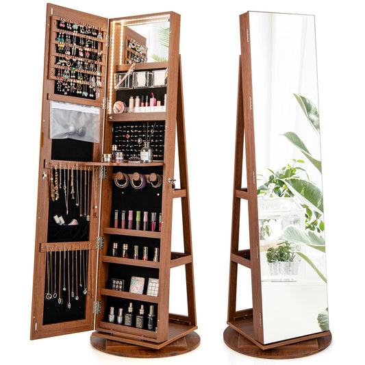 CHARMAID 360° Swivel Jewelry Armoire with Full Length Mirror, Rear Storage Shelves, Lockable Standing Jewelry Cabinet Organizer with Interior Vanity Mirror and 3-Color Lights (Walnut)