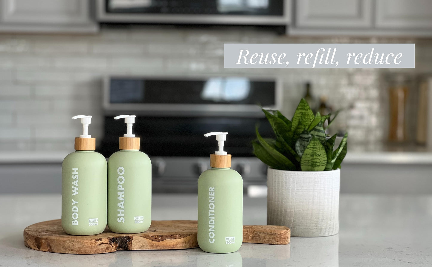 OLLIES Shampoo and Conditioner Dispenser, Shower Soap Dispenser for Bathroom, Set of 3 with Permanent Stylish Label, 17oz, 500ml Refillable Shampoo and Conditioner Bottles Green