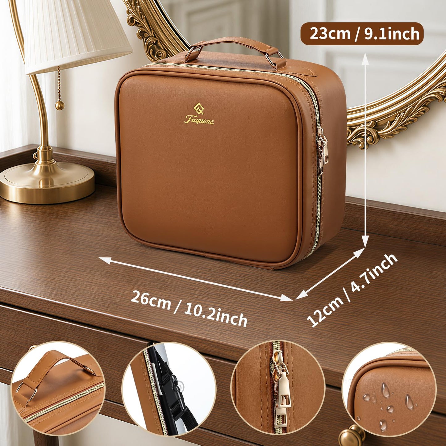 Faquenc Makeup Bag with LED Lighted Mirror 10.2-in Travel Makeup Bag Train Case Adjustable Brightness in 3 Colors Cosmetic Organizer Case Artist Storage Bag with Dividers Brush Holder Bag Vanity Brown