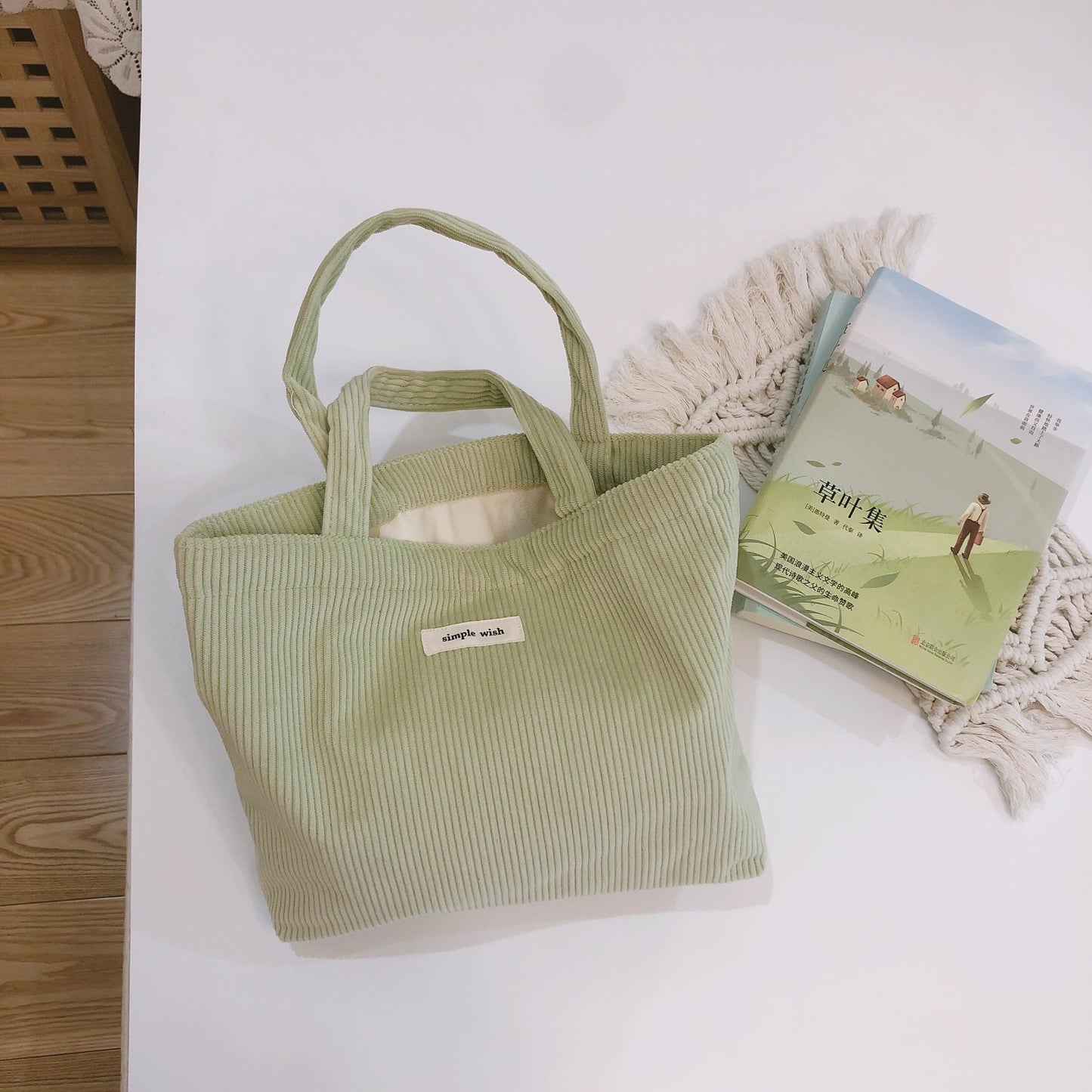 Sminra Corduroy Small Tote Bible Bag for Women, Mini Daily Handbag Cute Aesthetic for Book, Essential, Water Bottle Organizer (Dusty Green)