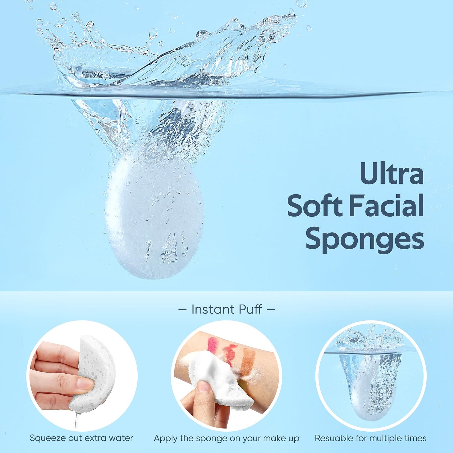 GAINWELL 50-Count Compressed Facial Sponges with Storage Container, for Facial Cleansing, Reusable Makeup Remover, Portable, Suitable for Travel, White