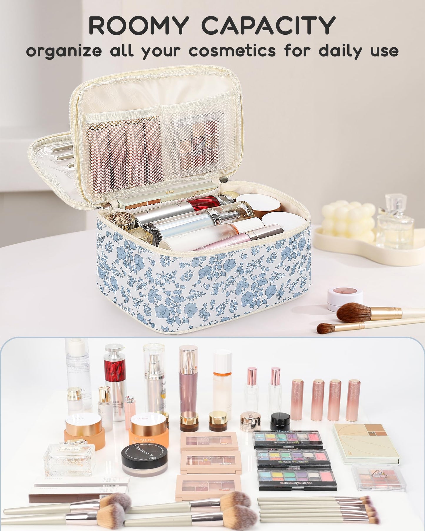 Relavel Travel Makeup Bag, Large Floral Cosmetic Bag with Makeup Brush Compartment, Portable Makeup Pouch for Women, Double Layer Makeup Organizer Bag Cute Toiletry Bag