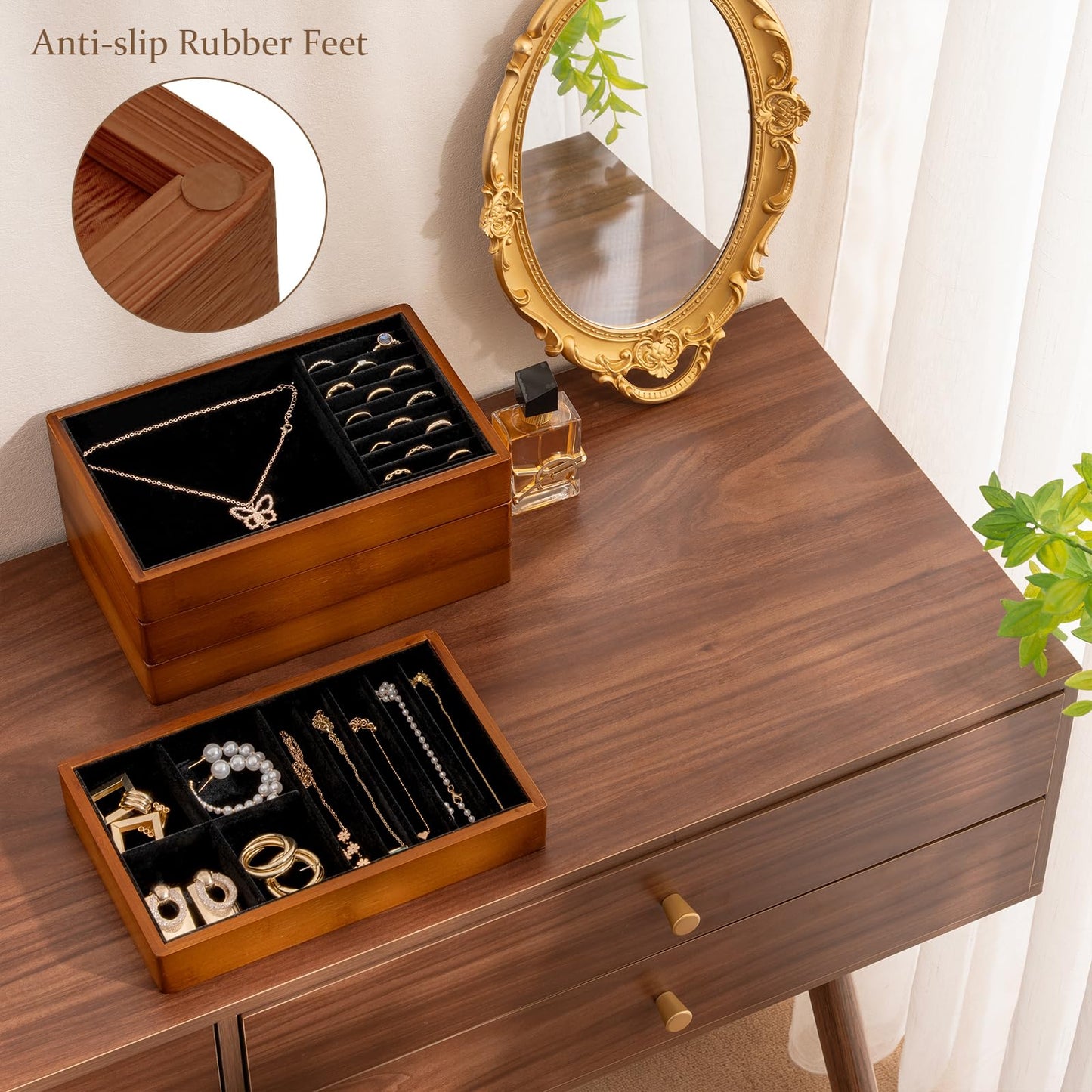 ProCase 4-Set Bamboo Stackable Jewelry Organizer Tray, Jewelry Drawer Inserts Container Display Case Storage for Earring Necklace Rings Bracelet with Removable Dividers -Black