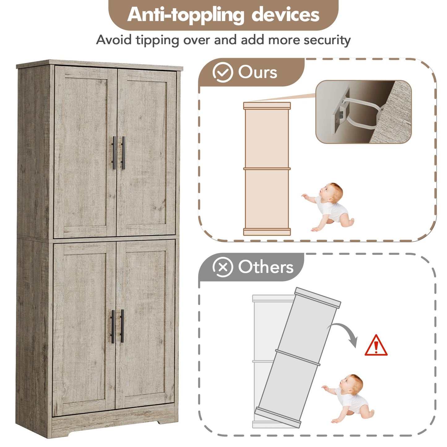 IDEALHOUSE Pantry Cabinet,70" Tall Kitchen Pantry Cabinet with 4 Doors and 3 Adjustable Shelves, Freestanding Cupboard, Modern Storage Cabinet for Bathroom, Dining Room, Living Room, Gray