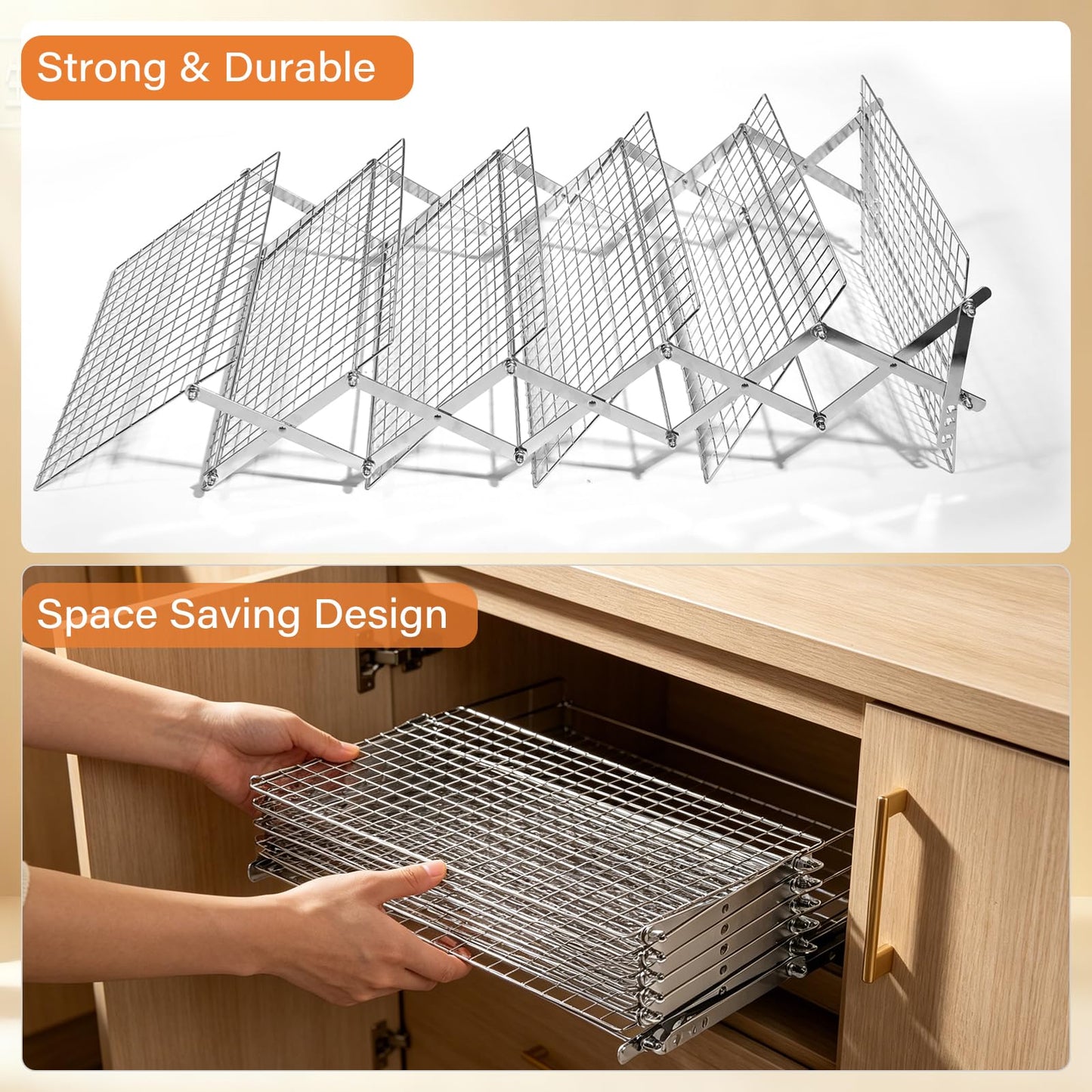 6 Tier Upgraded Collapsible Cooling Rack with Adjustable 3 Setting Design, Stackable Baking Rack with Clean Brush, Roasting Cooking Drying Wire Cooling Rack for Cookies Baking Roasting ＆ Grilling