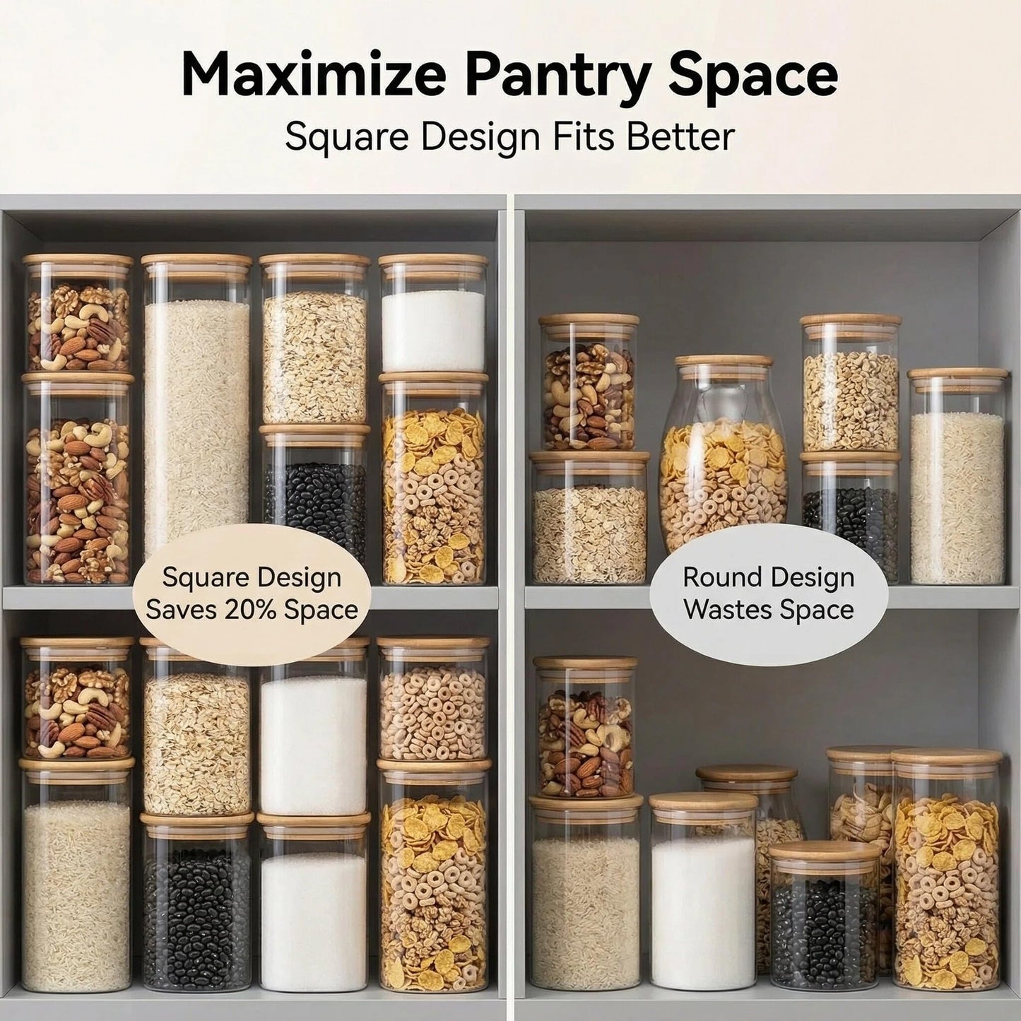 Airtight Glass Storage Containers with Lids Set of 6, 25 /37 /50oz Square Glass Jars with Bamboo Lids, Kitchen Canister Set for Pantry Organization Food Storage for Flour Sugar Rice Pasta Cereal