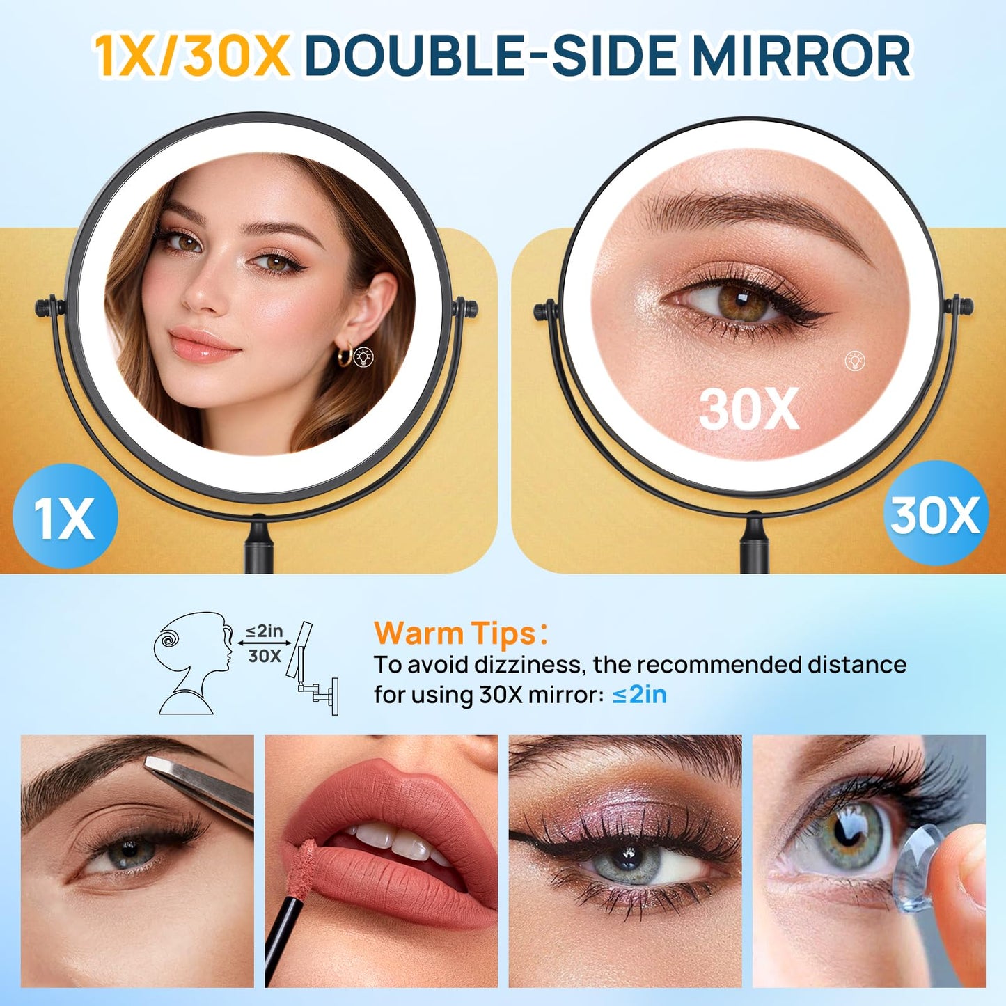 SANFANGIE Magnifying Mirror with Lights 1x/30x: 9" Double Sided Wall Mounted Lighted Makeup Mirror for Bathroom, Black