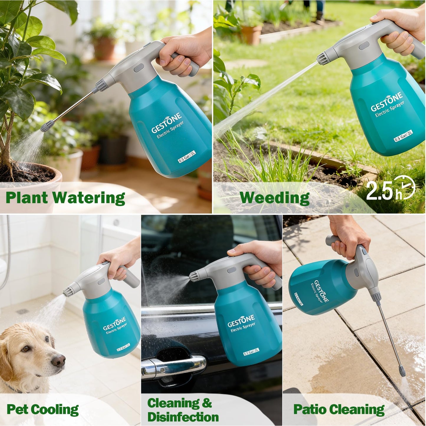 GESTONE Electric Spray Bottle 2L/0.5 Gallon Plant Mister, Automatic Watering Can Rechargeable Battery Powered Garden Sprayer with Adjustable Nozzle for Plants Fertilizing,Weeding and Cleaning