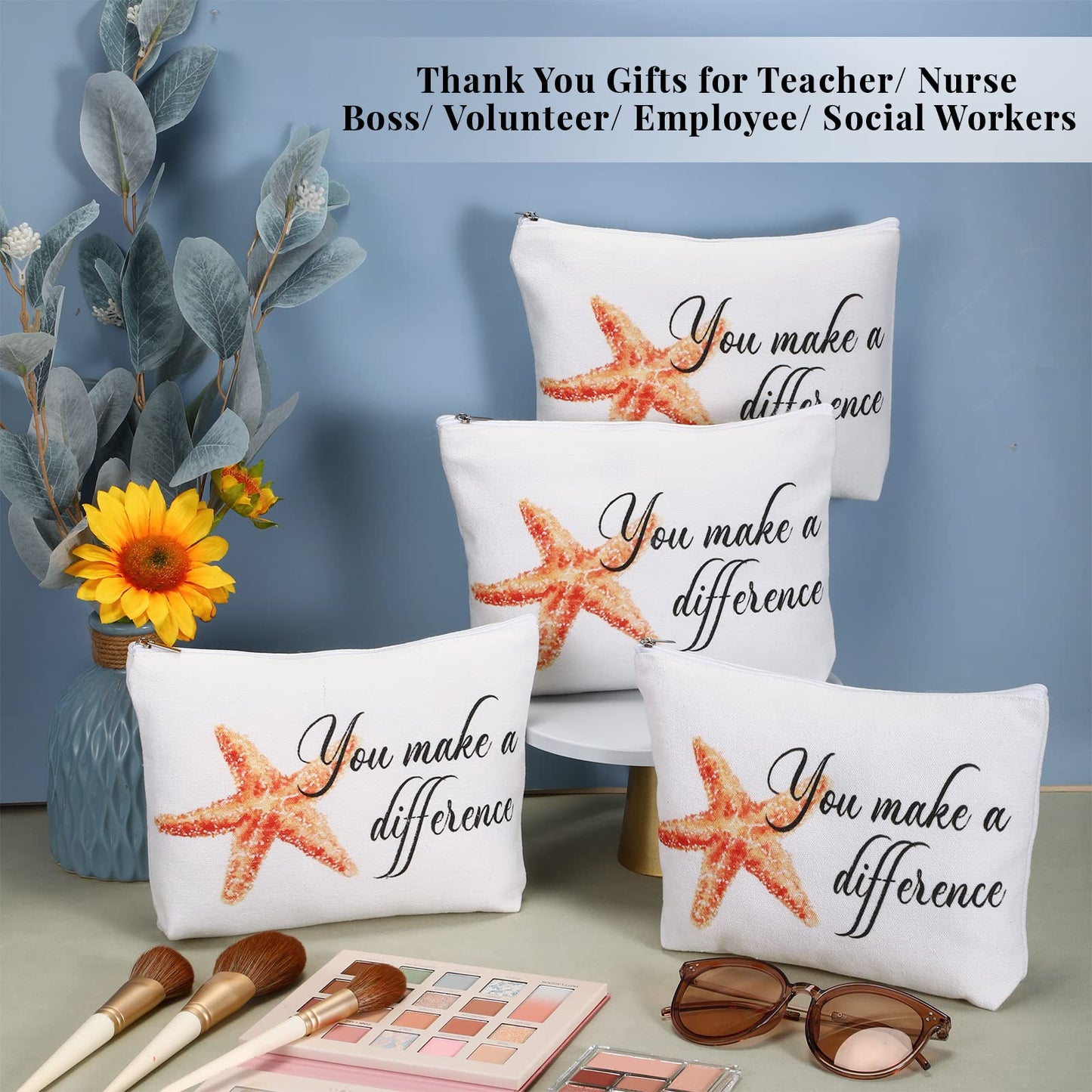 Sieral 20 Pcs Employee Appreciation Gifts Bulk for Volunteer Coworkers You Make a Difference Cosmetic Bags Pouch with Starfish Motivational Cards for Teacher Office Staff