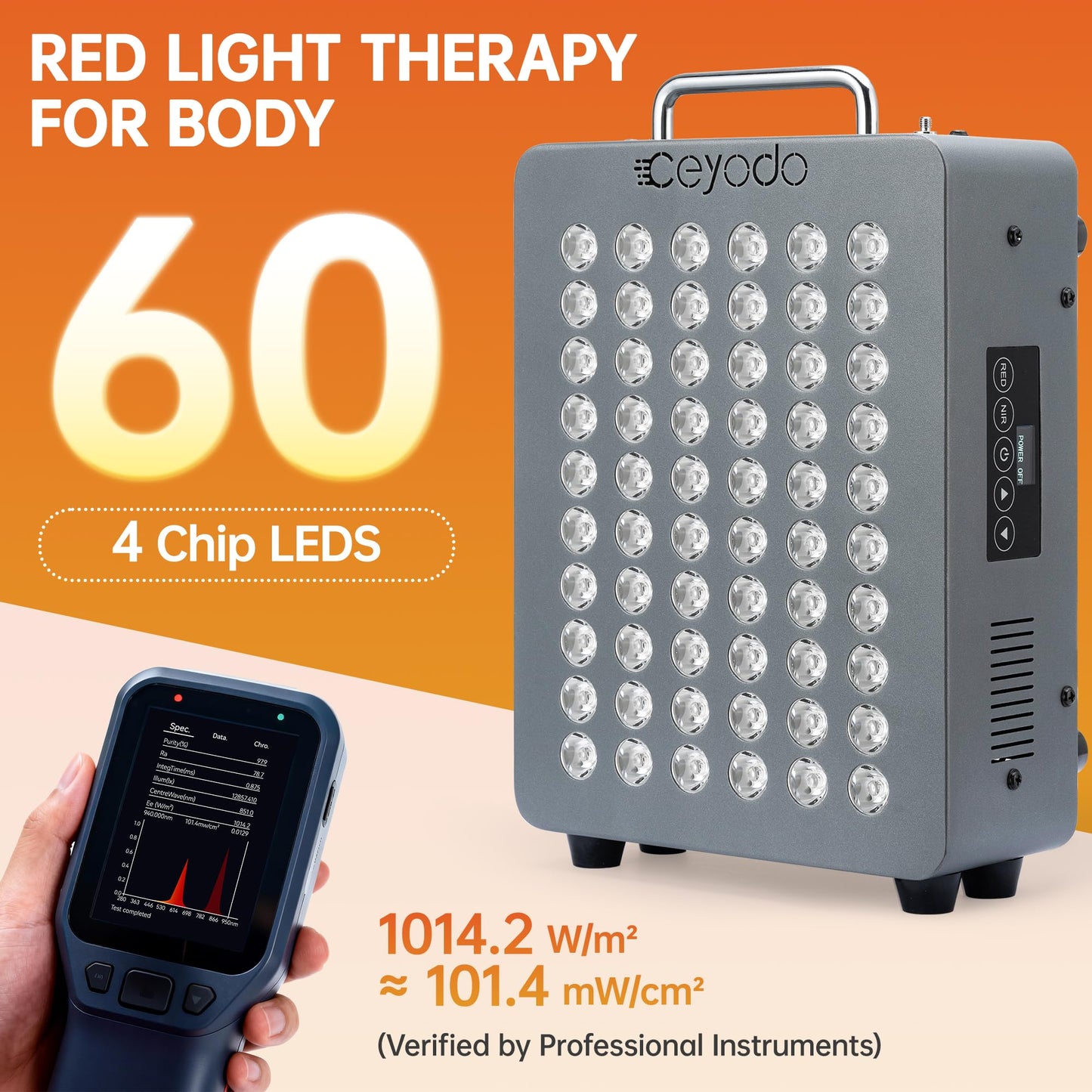 Red Light Therapy, 4 Chip LED Infrared Light Panel with Near-Infrared Light 630nm 660nm 850nm 940nm, 138W High Power 60 LED Red Light Device for Body, Face, Includes Hanging Kit & Handle, Gray