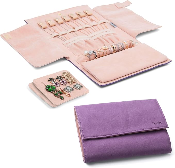 Becko US Jewelry Organizer Roll Travel Jewel Bag case for Multiple Necklaces, Rings, Bracelets, Supple Leather & Suede, Large Capacity Without Crease, Lightweight, Portable & Practical (Purple)