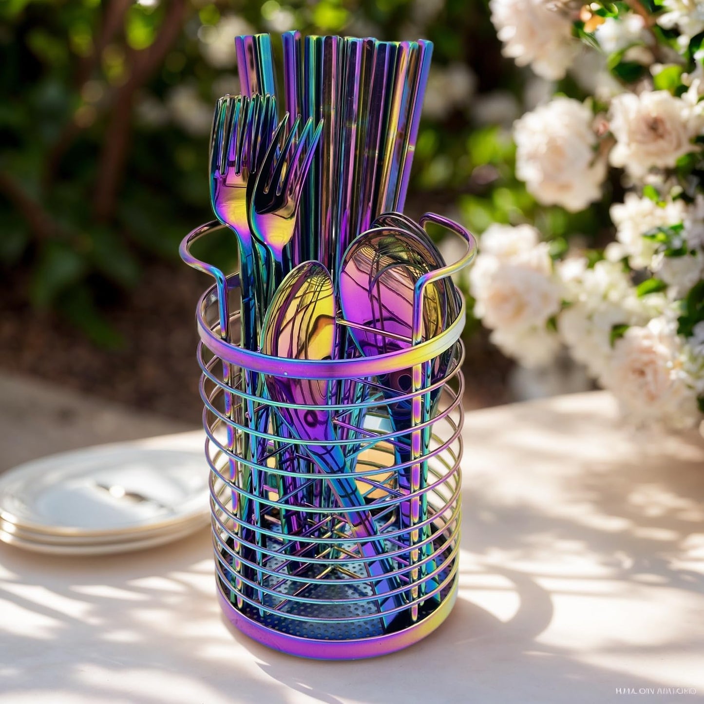 Rainbow Makeup Brush Holder Organizer, 4 Slot Make up Brushes Cup for Cosmetics, Nail Polish, Art Supply, Bathroom Vanity Desktop Organizer, Mesh Storage Caddy Baskets for Holding Knife Fork Spoon
