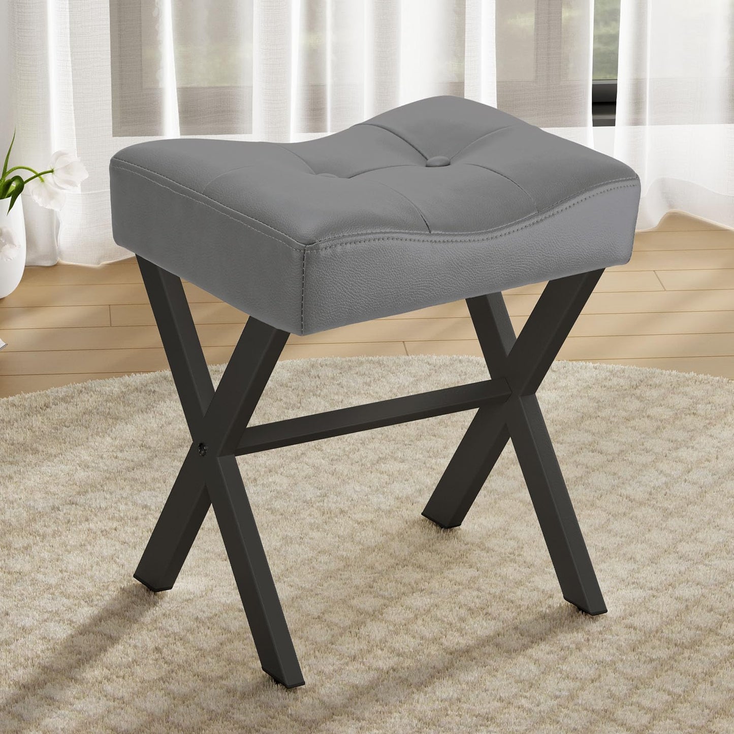 Memobarco 18-Inch Leather Vanity Stool Chair, Vanity Bench with Metal X-Leg, Ottoman Accent Stool with Thick Padded Saddle Seat, Gray