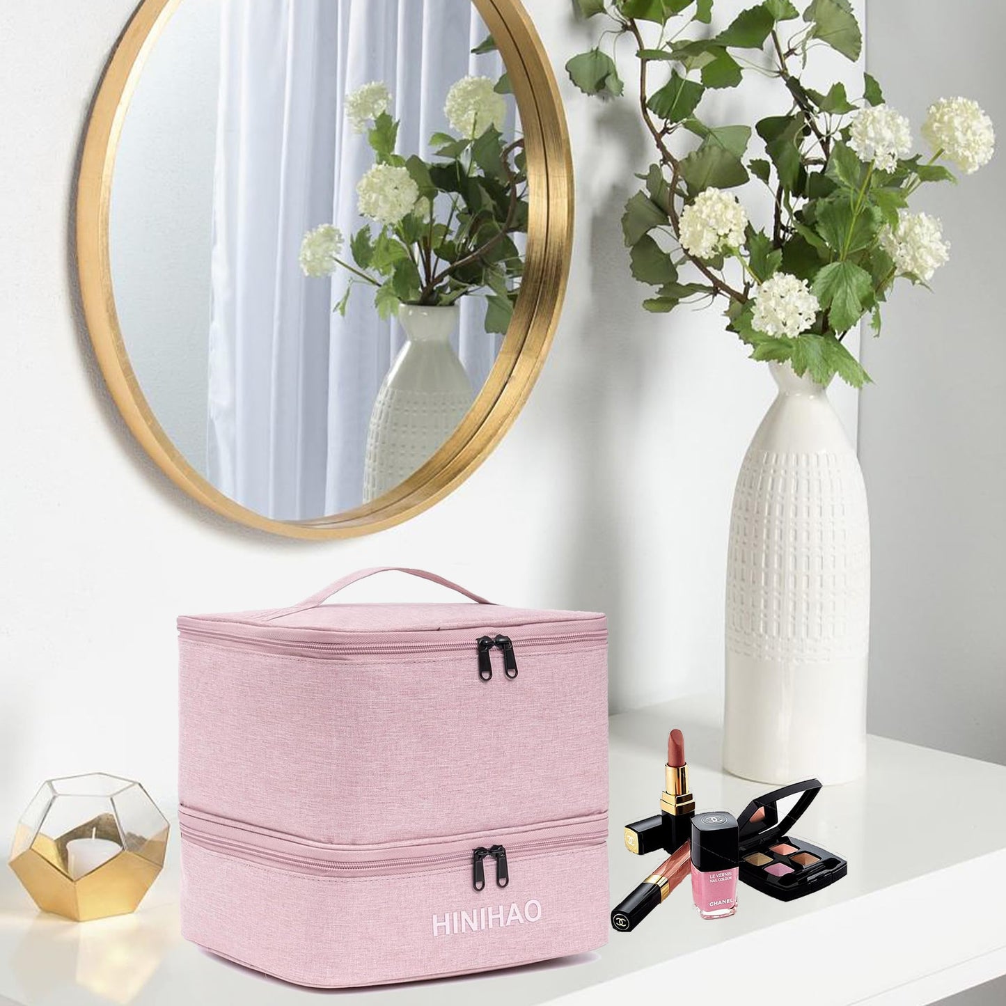 FAYYGYH Makeup Bag, Portable Cosmetic Bag, Travel Makeup Organizer With Handle and Divider, Double Layer Large Organizer Bag, Adjustable Dividers and Brush Organize area- Pink (makeup bag-lage)