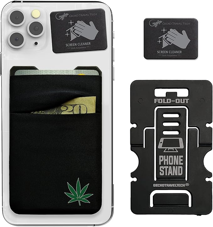 Gecko Travel Tech Double Pocket - Adhesive Card Holder - Cell Phone Pouch - Stick on Spandex Pocket - Carry Credit Cards and Cash (Weed)