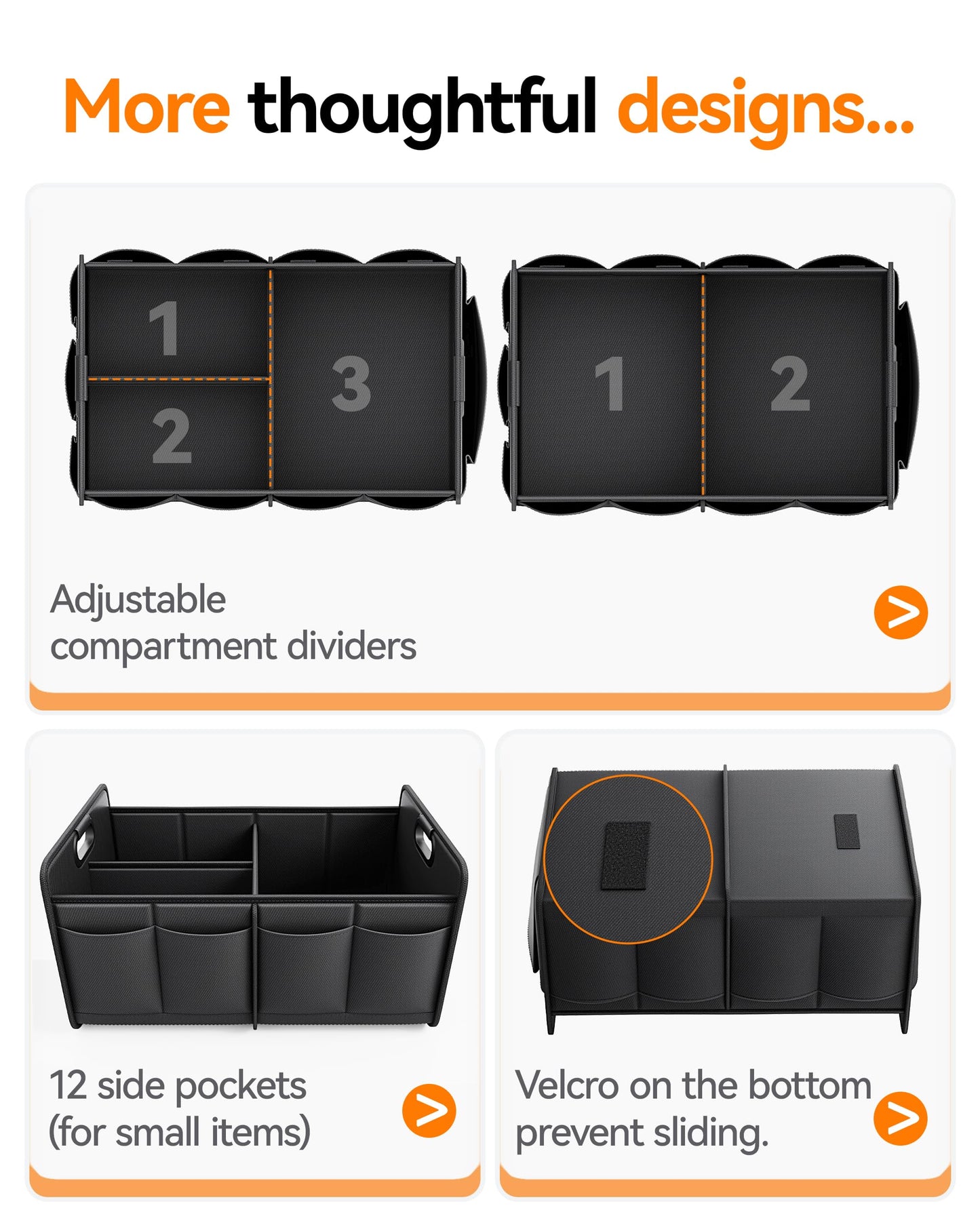 Homeve Car Trunk Organizer for SUV, 15.5Gal Large Capacity No-Sag Heavy Duty, Foldable Waterproof Anti-Slip Storage with 12 Pockets, Fit Sedan,Truck, Universal Car Accessories, Black, 2 Compart,Medium