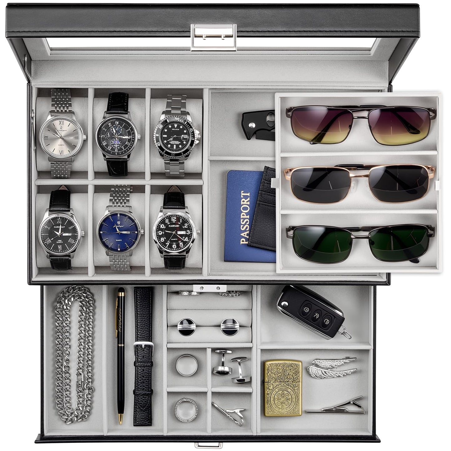 ProCase Mens Jewelry Box, Lockable 6 Slot Watch Case & 3 Slot Sunglasses Organizer, 2-layer Mens Jewelry Organizer Watch Box for Men, Watches Holder Display Storage, Fathers Day Gift -Black