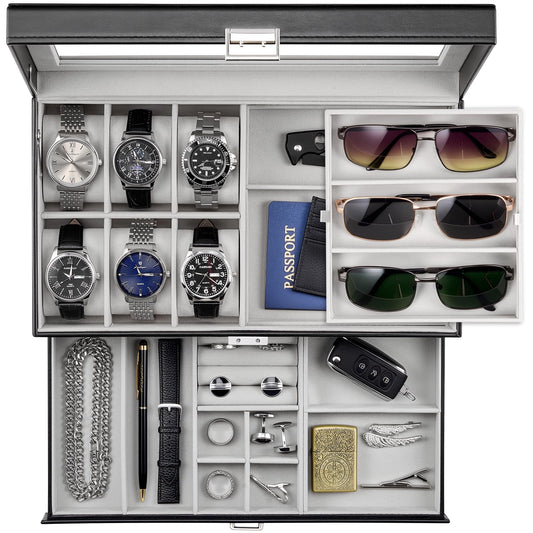 ProCase Mens Jewelry Box, Lockable 6 Slot Watch Case & 3 Slot Sunglasses Organizer, 2-layer Mens Jewelry Organizer Watch Box for Men, Watches Holder Display Storage, Fathers Day Gift -Black