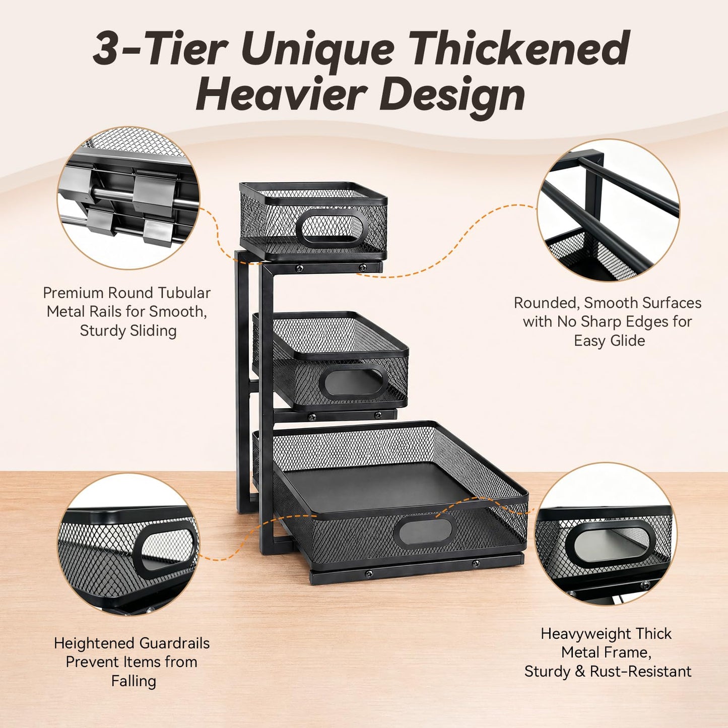 3-Tier Under Sink Organizer 2-Pack Thickened Metal Pull out Cabinet Shelf Height Adjustable Slide Out Drawer Storage Rack for Bathroom Kitchen Pantry Laundry Home Office Organization (Black)
