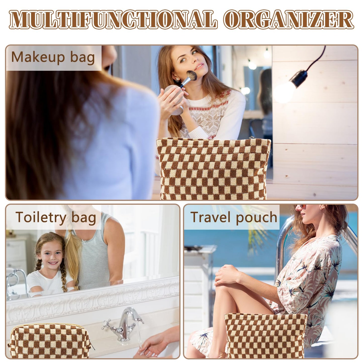 ZLFSRQ 3Pcs Checkered Makeup Bag for Women Large Small Checkered Cosmetic Bag Set Aesthetic Preppy Pencil Case Cute Pencil Pouch Brown Makeup Pouch for Purse Travel Toiletry Bags Zipper Skincare Bags