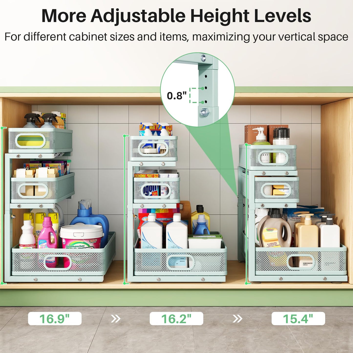 Under Sink Organizer, 2-Pack 3-Tier Height Adjustable Thickened Metal Pull out Cabinet Organizer Shelf, Slide out Storage Drawer Rack for Bathroom Kitchen Pantry Home Organization, LightBlue