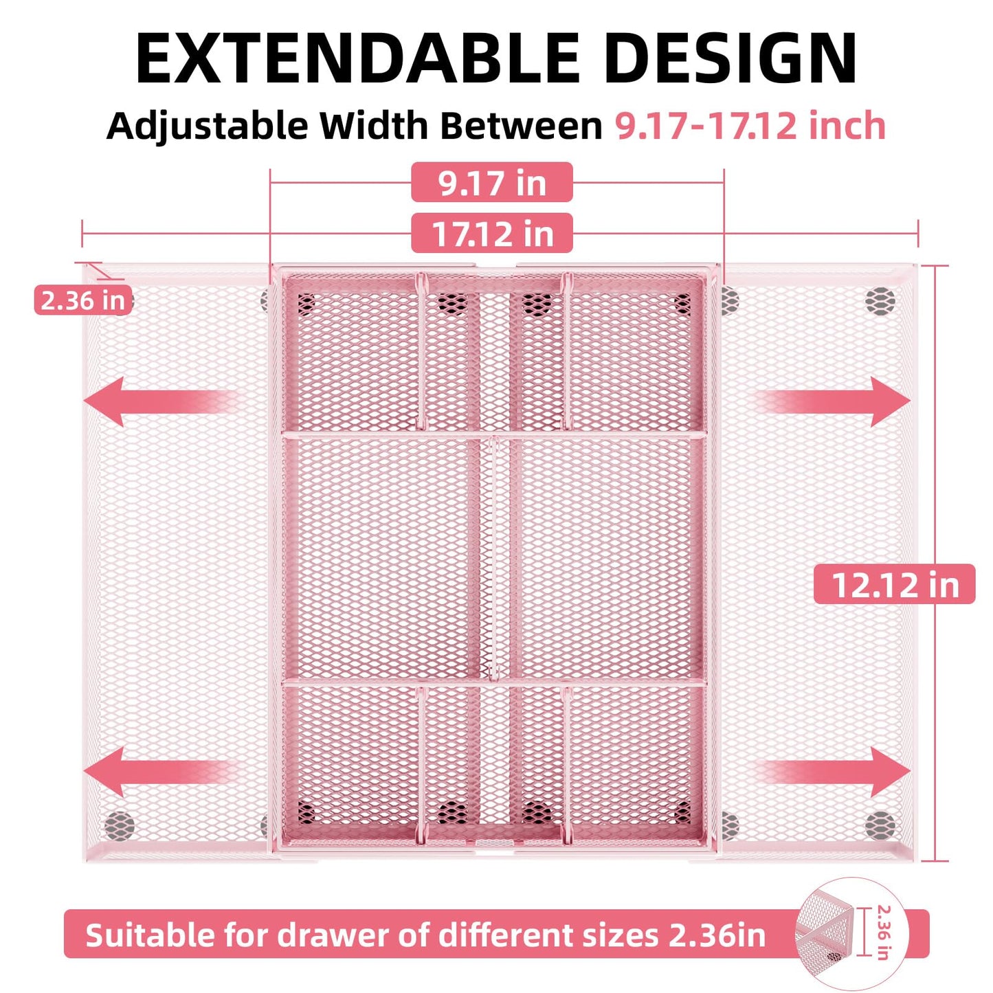 Marbrasse Expandable Desk Drawer Organizer, Mesh Tray with 10 Adjustable Compartments, Desk Organizers for Office Supplies, Makeup & Vanity (Expandable-Pink)