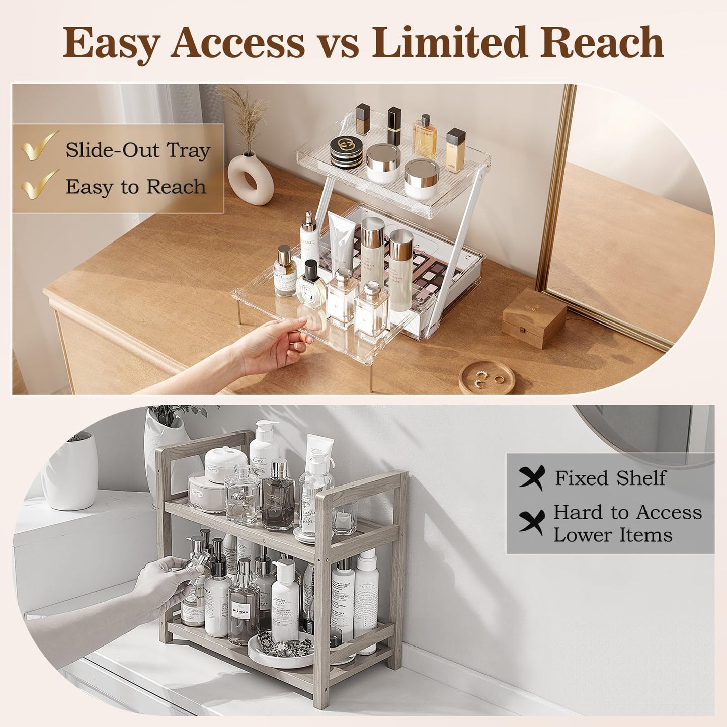 3-Tier Bathroom Countertop Makeup Organizer - Big Make Up Storage with Slide-Out Tray & Bottom Drawer, Transparent Acrylic for Cosmetics Brushes Lipsticks Skincare