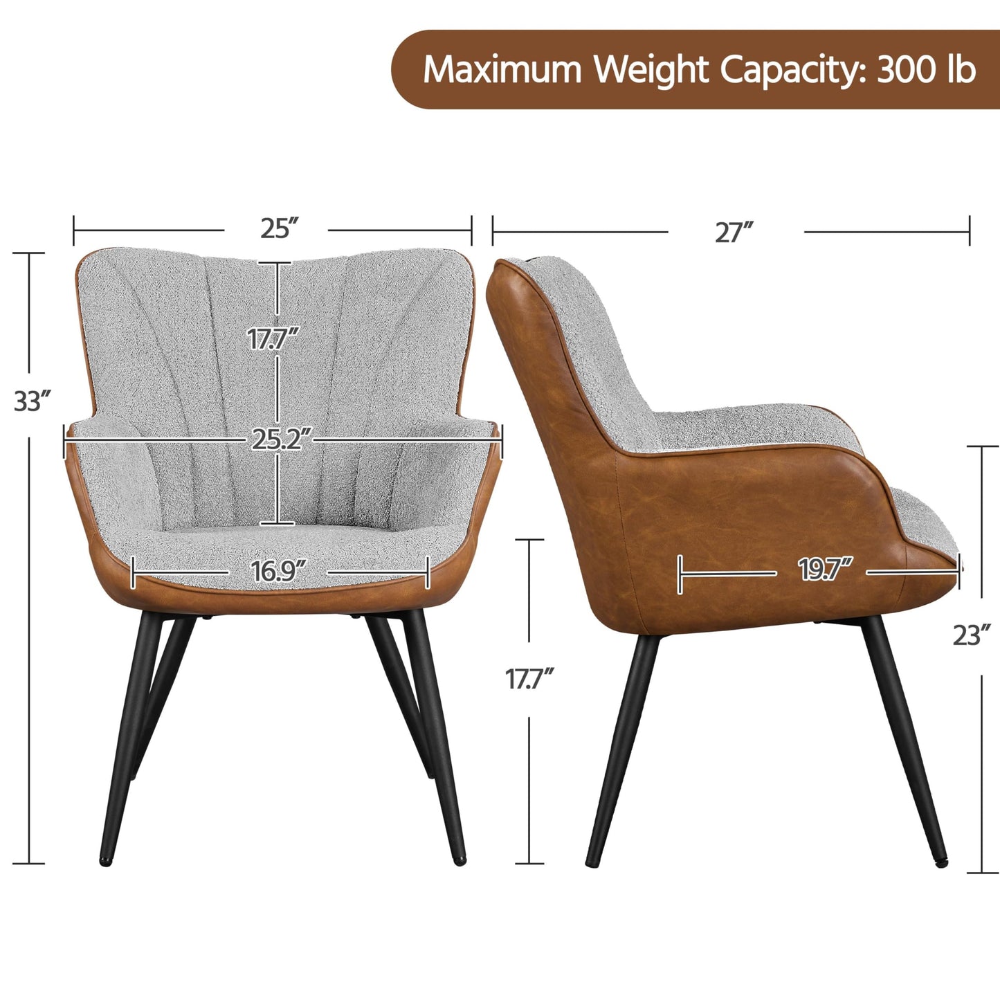 Yaheetech Accent Chair, Modern Fuzzy Boucle Fabric and Faux Leather Armchair, Upholstered Vanity Chair with High Curved Back and Metal Legs for Living Room Makeup Bedroom, Gray/Retro Brown