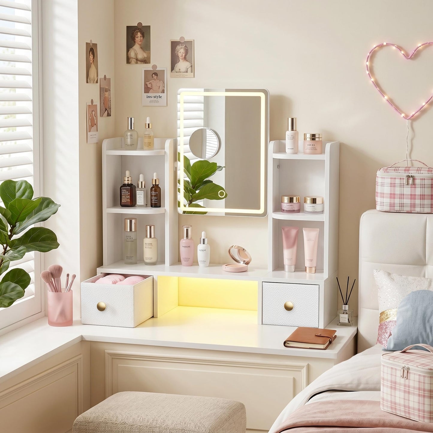 AFLUI Vanity Mirror with Lights, Makeup Mirror with Drawers and Storage