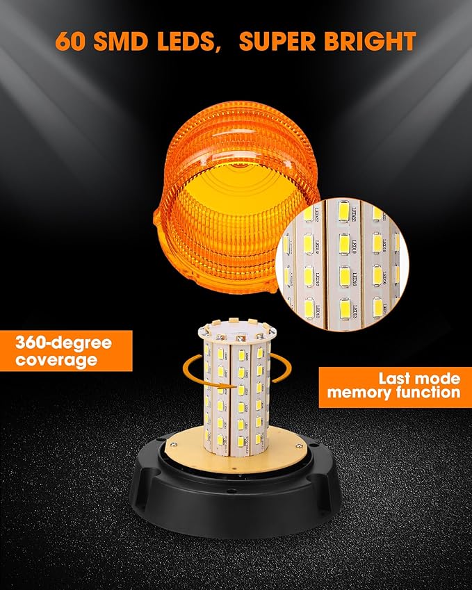 Leelosp 3 Pack 60 LED Amber Beacon Strobe Lights, 12v-24v Amber Warning Safety Flashing Beacon Strobe Light with Magnetic and 16ft Straight Cord for Truck Vehicle Forklift Tractor Golf Carts Utv Car
