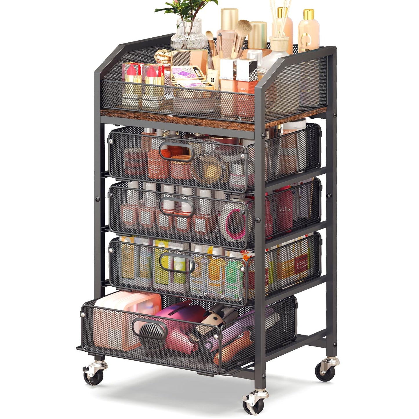 Goovilla Rolling Makeup Organizer Cart with Drawers, 5 Tier Metal Floor Skincare Vanity Organizers with Lockable Wheels, Make Up Storage Cart for Cosmetics Display, Nail Polish, Perfume, Black