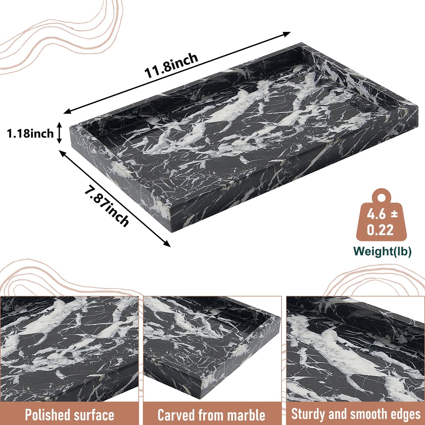MULWR Marble Bathroom Tray,Pure Natural Vanity Tray,Marble Tray for Kitchen Counter Non-Ceramic/Non-Resin,Stone Trays 12 x 8 inch