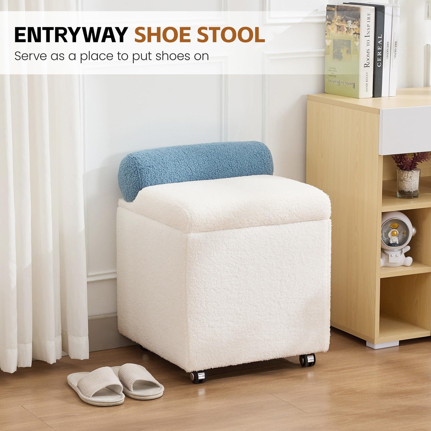 UMBFUN Boucle Vanity Chair with Storage, Swivel Makeup Vanity Chair with Wheels & Safety Hinge, Upholstered Vanity Stool Ottoman for Bedroom, Dressing Room, White