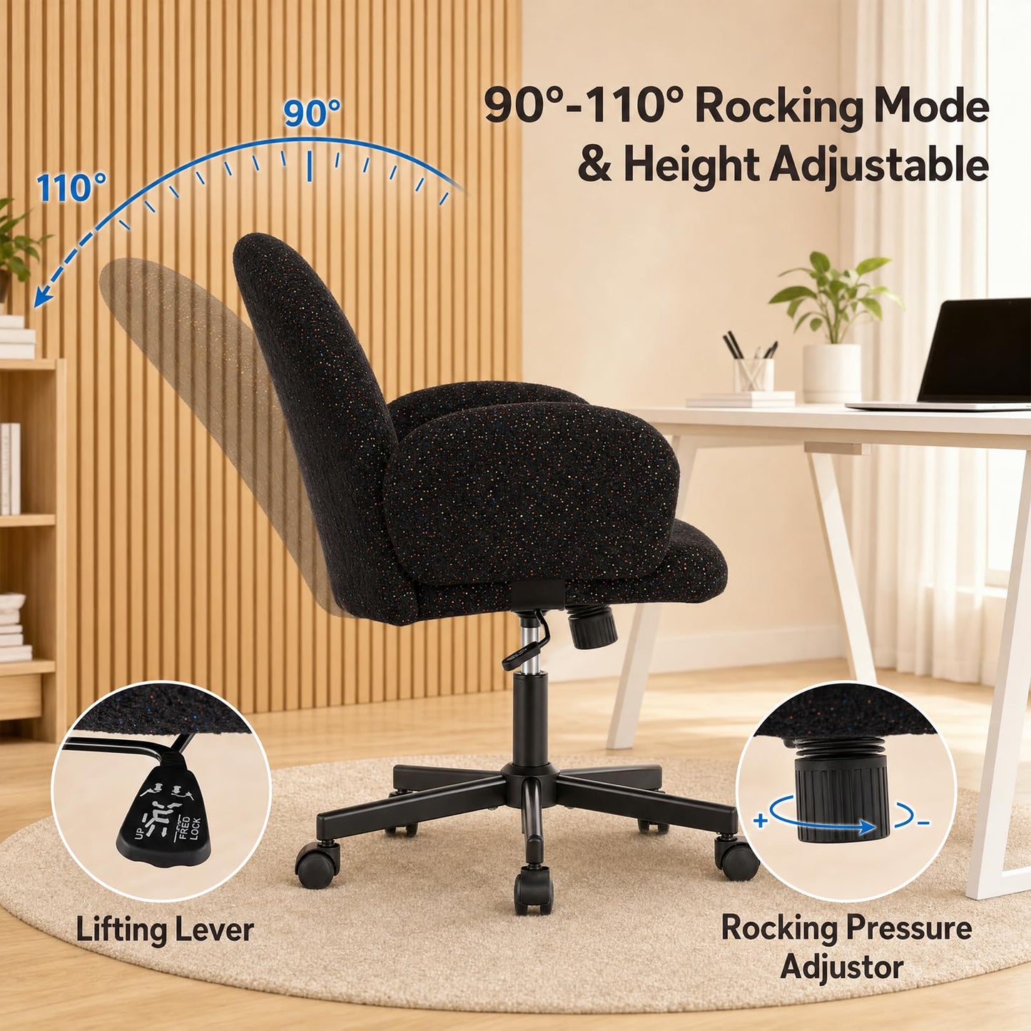 XYPFURN Home Office Desk Chair with Petal Backrest, Starry Chenille Cute Swivel Vanity Chair Adjustable Height, Comfy Upholstered Computer Chair with Wheels for Bedroom Living Room Makeup (Black)