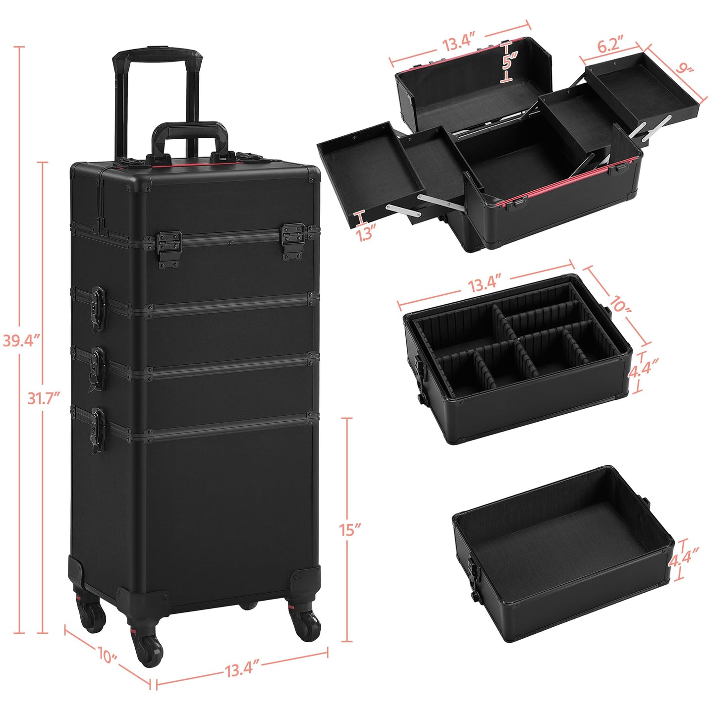 Yaheetech 4 in 1 Professional Makeup Train Case Aluminum Cosmetic Case Rolling Makeup Case Extra Large Trolley Makeup Travel Organizer, with 360° Swivel Wheels, Black