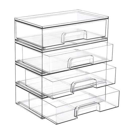 Vtopmart 12.1''W Clear Stackable Storage Drawers,4 Pack Acrylic Plastic Organizers Bins for Makeup Palettes, Cosmetics, and Beauty Supplies,Ideal for Vanity, Bathroom,Cabinet,Desk Organization