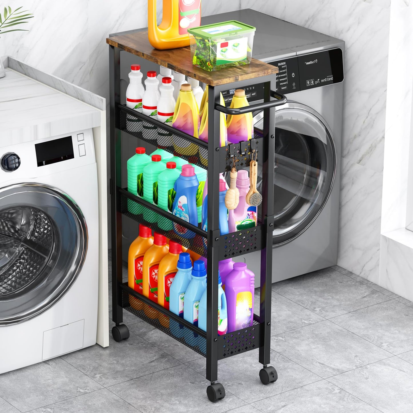 Vivihomety Utility Slim Storage Cart with Wheels, 4 Tier Small Rolling Cart with Wood Top, Metal Kitchen Bathroom Laundry Room Organization Trolley with Handle for Narrow Space – Black