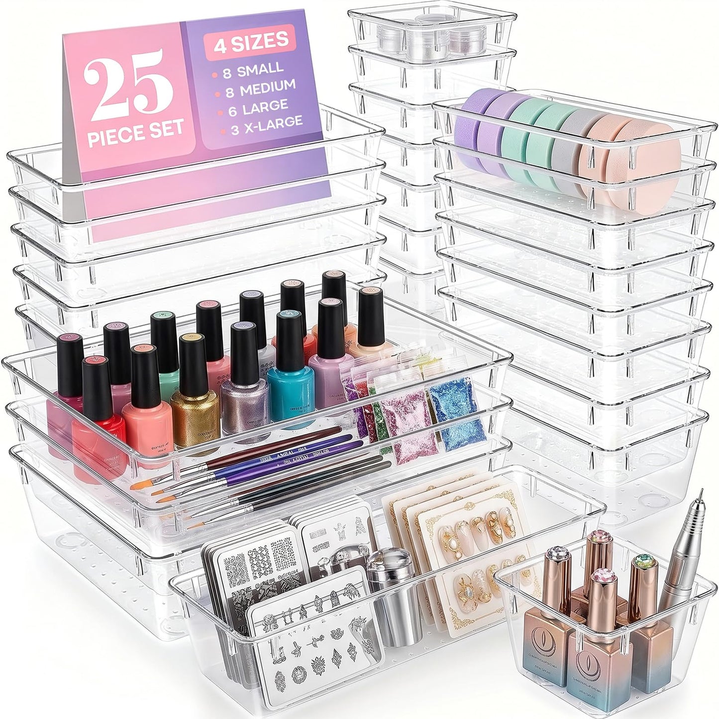 Asnews 25 Pcs Makeup Drawer Organizer Set, 4 Sizes Versatile Bathroom and Vanity Drawer Organizer for Makeup, Non-Slip Desk Organizer Trays for Bedroom, Office, Fits Jewelry and Office Supplies