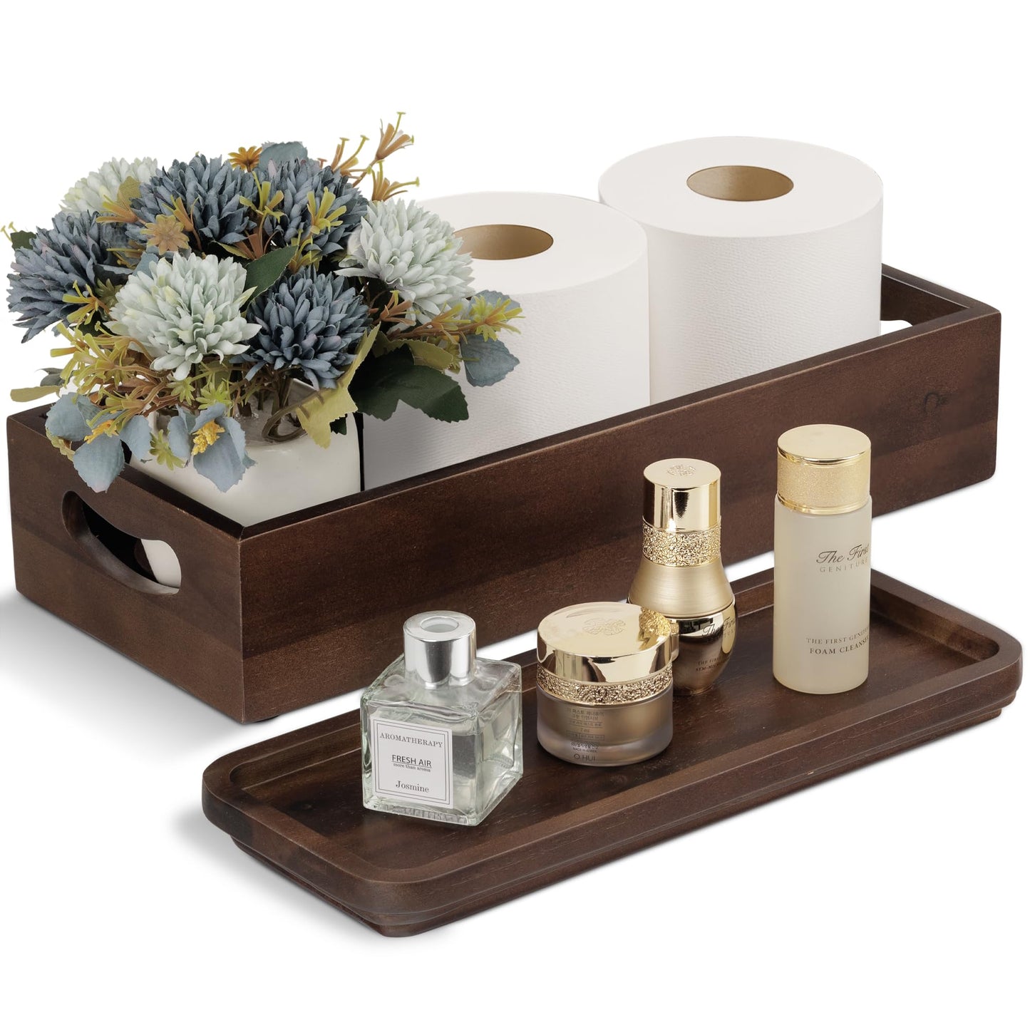 Handmade Toilet Tank Basket Topper & Vanity Tray Set of Natural Acacia Wood by DEMIGO, Created by Skilled Artisans, Smooth, Durable, Attractive Decor for Bathroom, Kitchen, Home, Spa (Dark Brown)