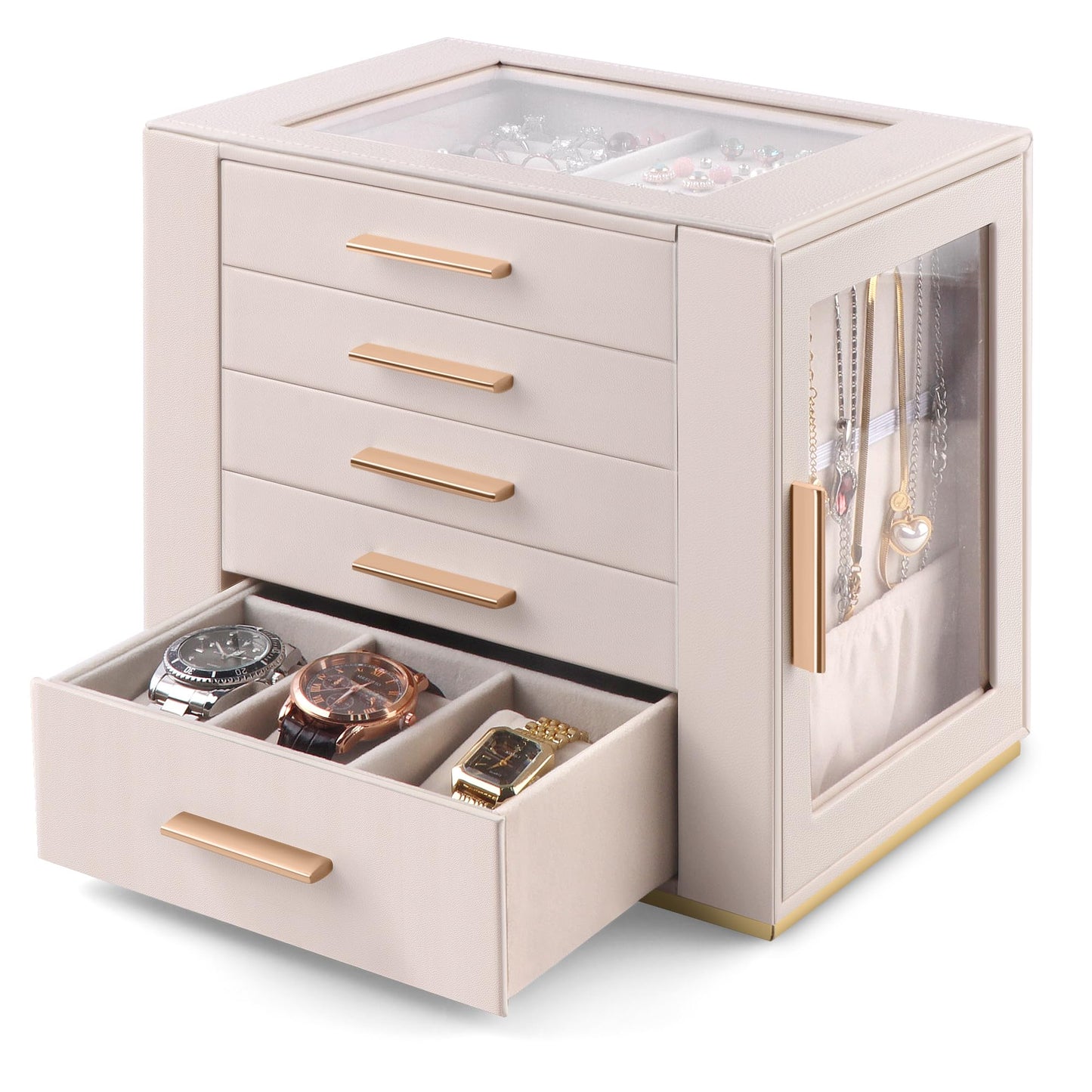 Homeanda 5-Layer Jewelry Box for Women, Glass Lid Jewelry Organizer and Storage with 5 Drawers for Necklaces, Rings, Earrings, Bracelets, Gift for Girls and Teens,PU Leather (Beige)