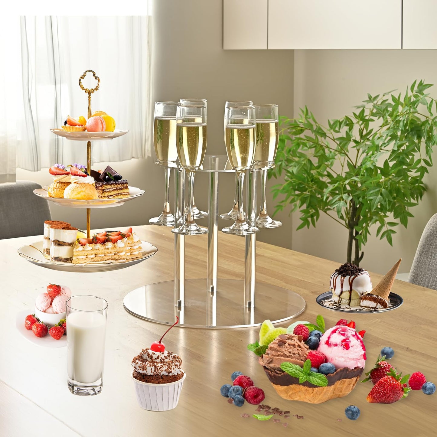 Laumffon Champagne Tower, Circle Acrylic Champagne Display Rack Stand with 28 Slots, 3 Tier Floating Sight Champagne Flute Holder for Party, Wedding, 13.4x13.4x25.5 inch, 2Pcs