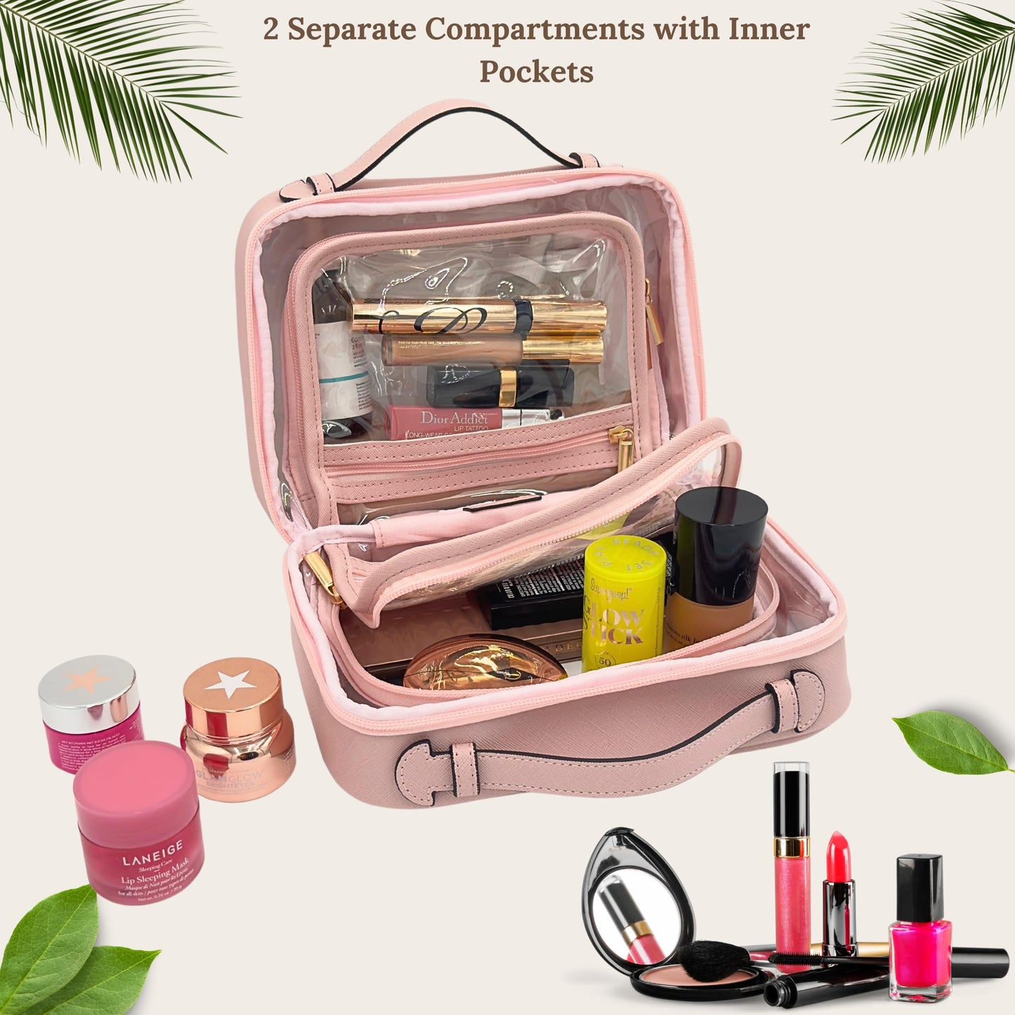 JAZD Clear Makeup Bag Toiletry Bag for Women Cosmetic Case Large Capacity Travel Make Up Bag Organizer Transparent Storage Compartment TSA Approved (PINK)