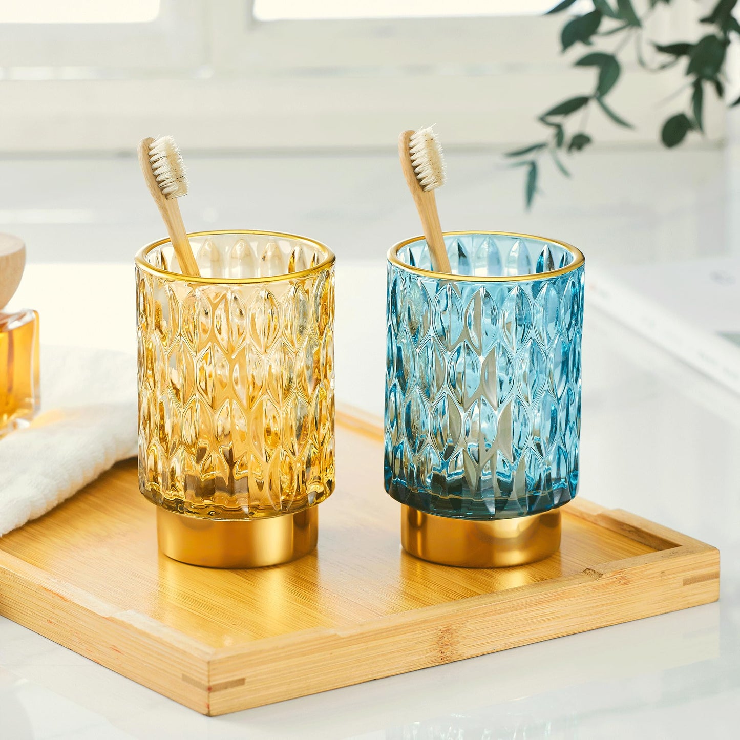 LEICURACE Makeup Brush Holder Organizer,Toothbrush Holders,Desk Pen Pencil Holder,Multifunctional Vintage Glass Brush Cup（A39-2-US）