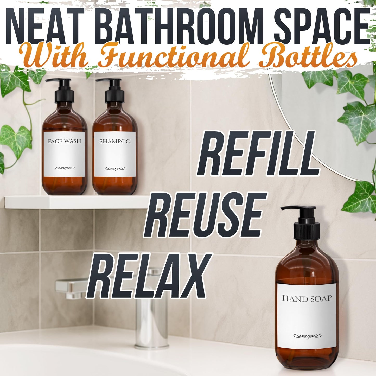 Plastic Amber Soap Dispenser with Pump Set of 3 – 16 oz Refillable Shampoo and Conditioner Bottles – Durable & Reusable for Hand Soap, Dish Soap, Lotion, Gel, Body Wash in Kitchen, Bathroom, Shower