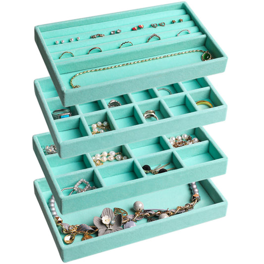Frebeauty Jewelry Organizer Tray,Stackable Velvet Jewelry Trays,Drawer Inserts Earring Organizer For Women Jewelry Storage Display Case for Rings Stud Necklaces,Set of 4(Turquoise)