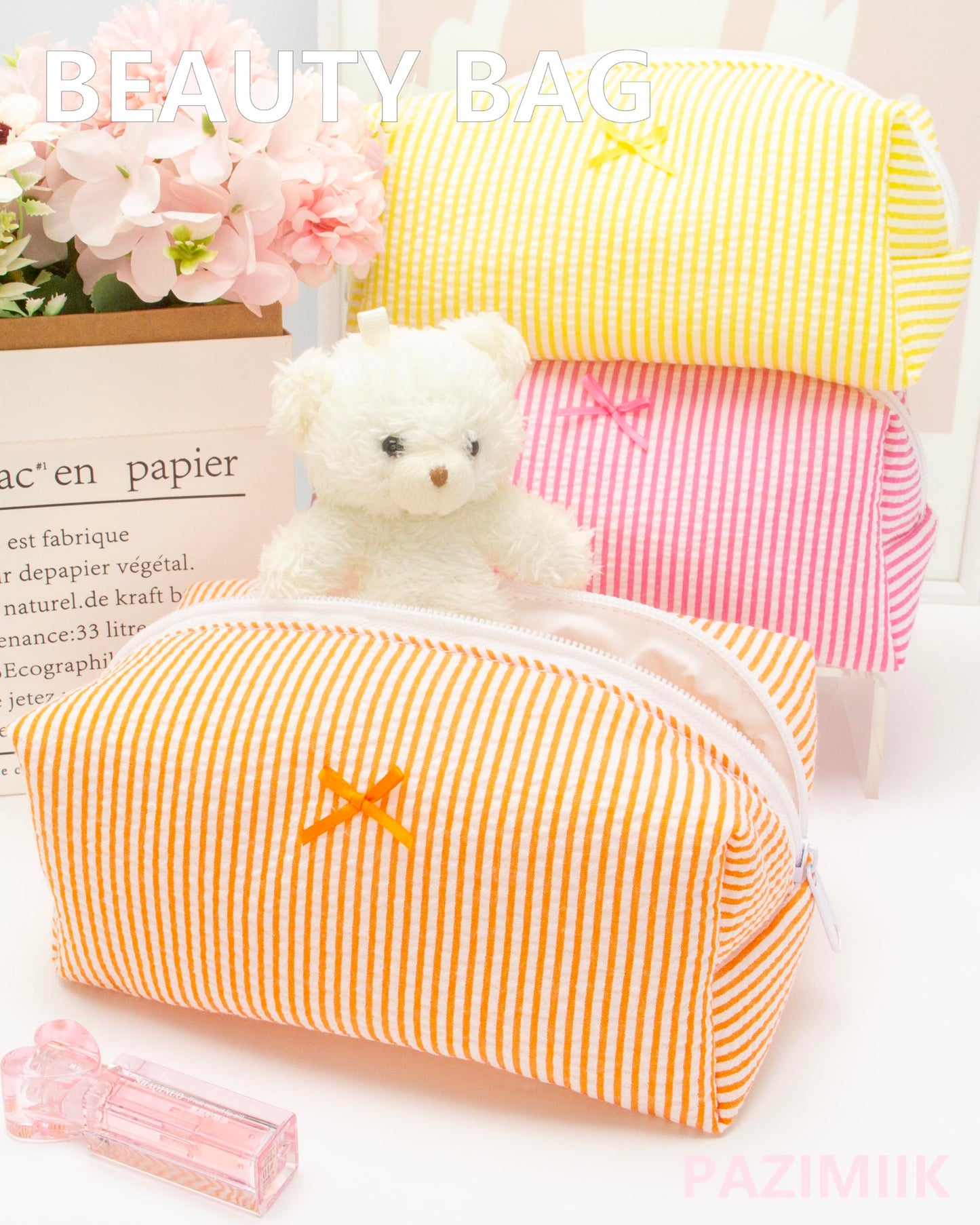PAZIMIIK 6PCS Cozy Makeup Bag Small Aesthetic Travel Zipper Cosmetic Pouch for Women Make Up Beauty Accessories Brushes, Stripe Orange