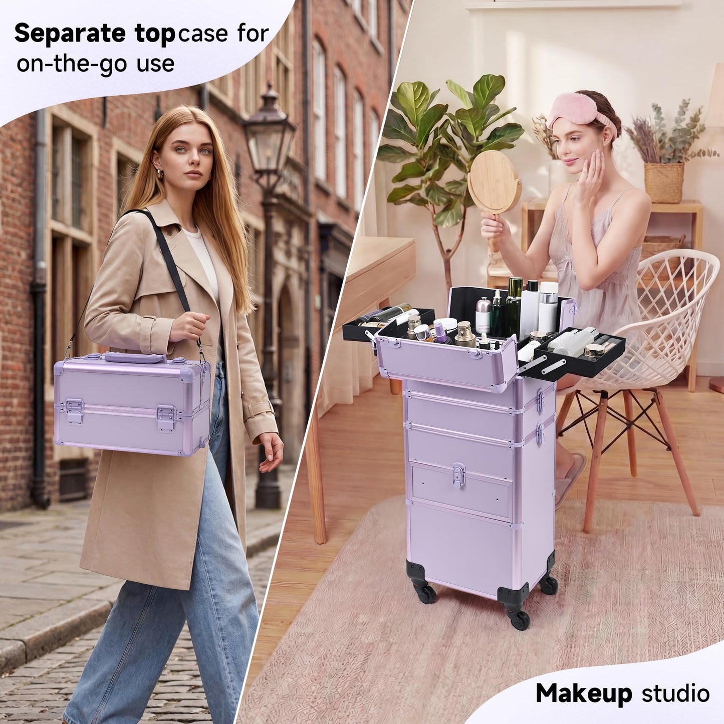 Somduy Rolling Makeup Case with Drawer, Makeup Train Case, 4 in 1Cosmetology Case on Wheels, Christmas Gift, Large Makeup Case Organizers, Profesional Cosmetic Case for Salon Barber, Purple
